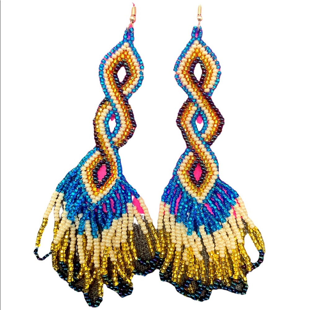 Artisan Beaded Earrings Southwest Long Fringe Tassel Dangle Drops Turquoise